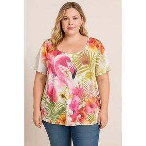 One World Live And Let Live Size XL Flamingo Floral flutter Sleeve Blouse shirt
